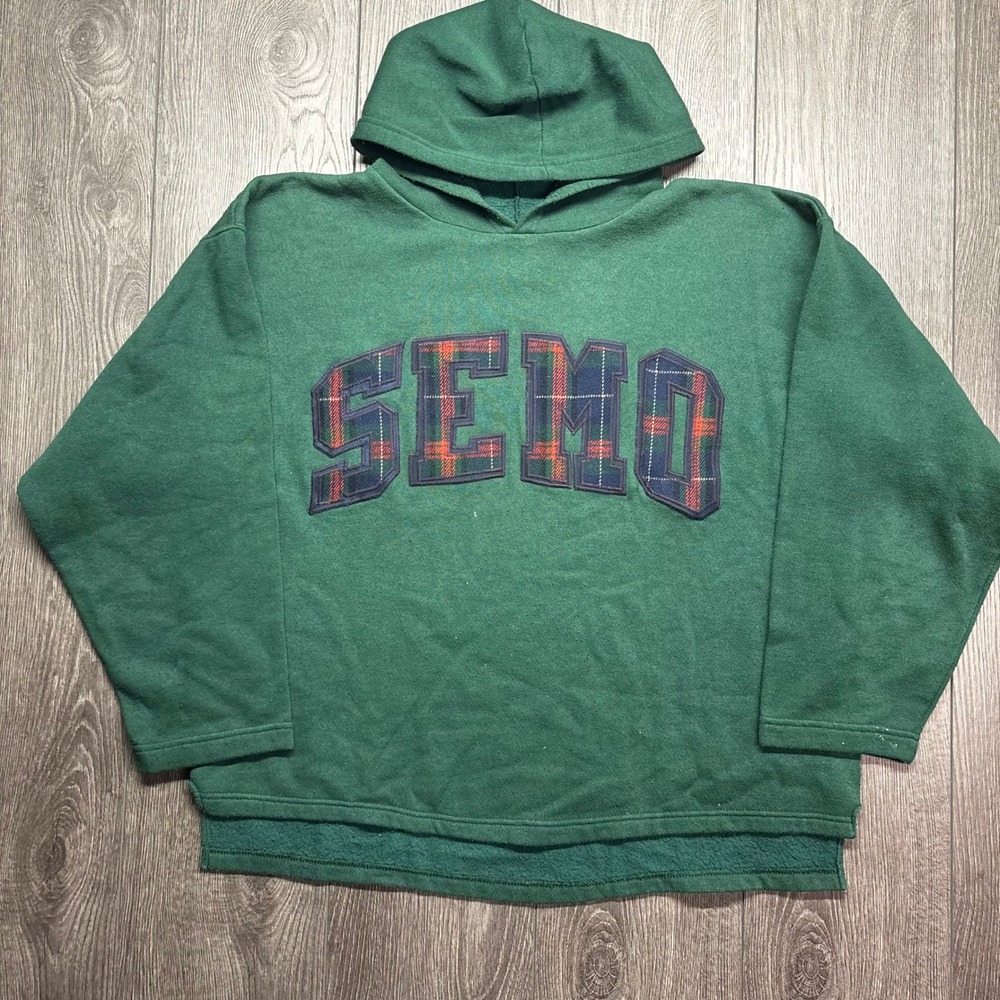 Vintage SEMO Hoodie Forest Green Plaid Applique Mens Large 1990s Baggy